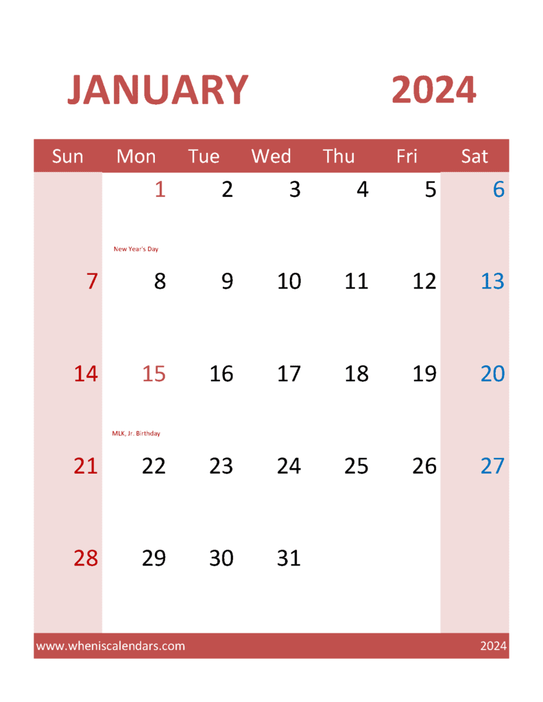 Download free January Calendar 2024 with Holidays printable A4 in Vertical Portrait
