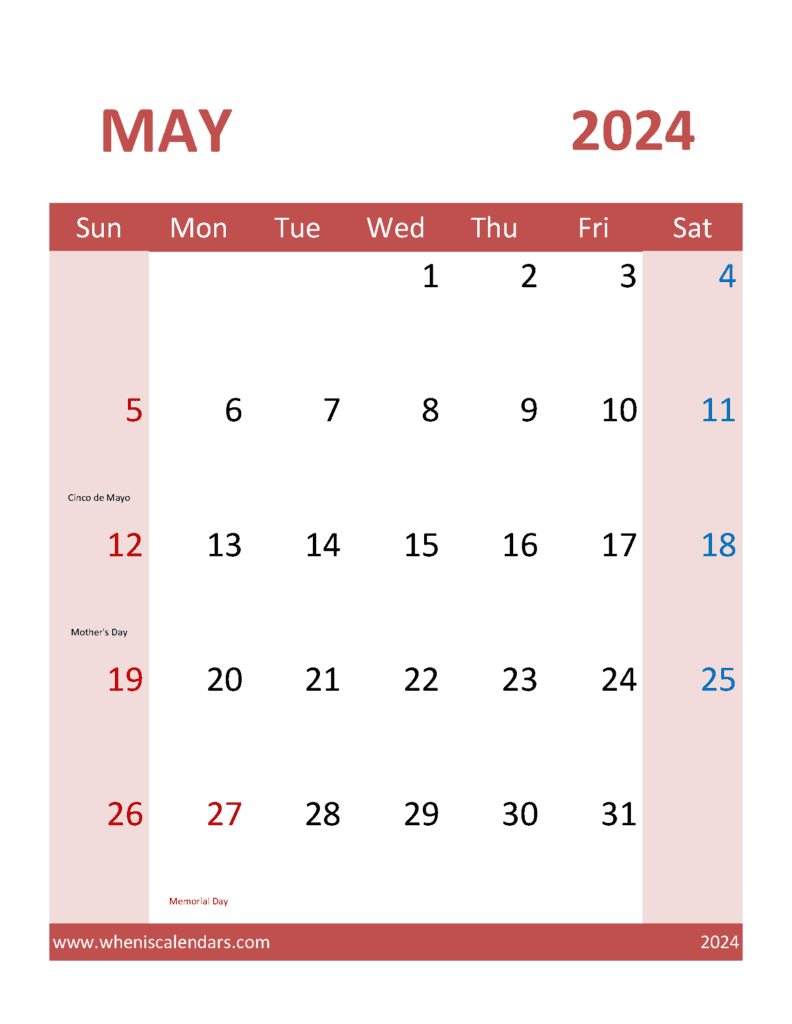 May 2024 printable Blank Calendar M54385