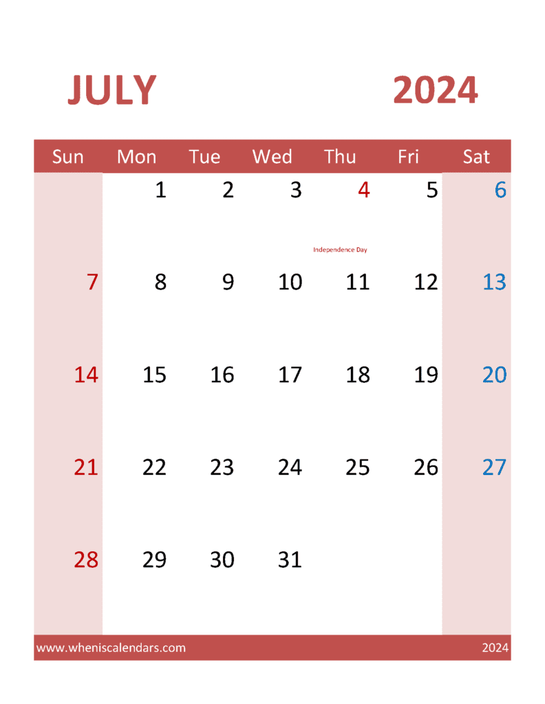 Download free July Calendar 2024 with Holidays printable A4 in Vertical Portrait