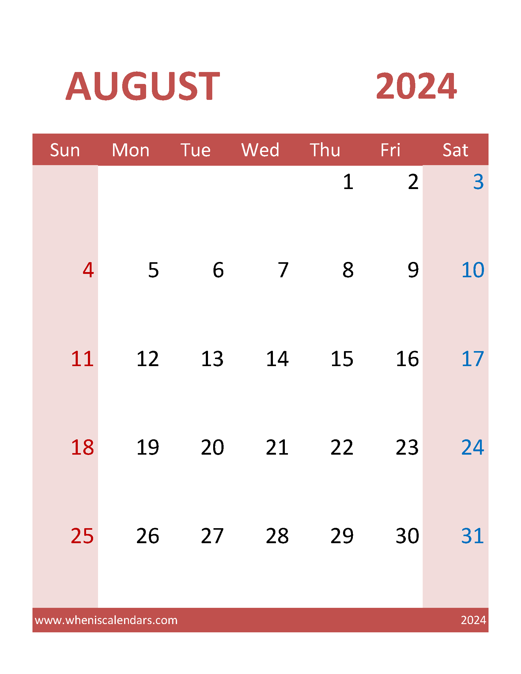 August 2024 Printable Blank Calendar Monthly Calendar