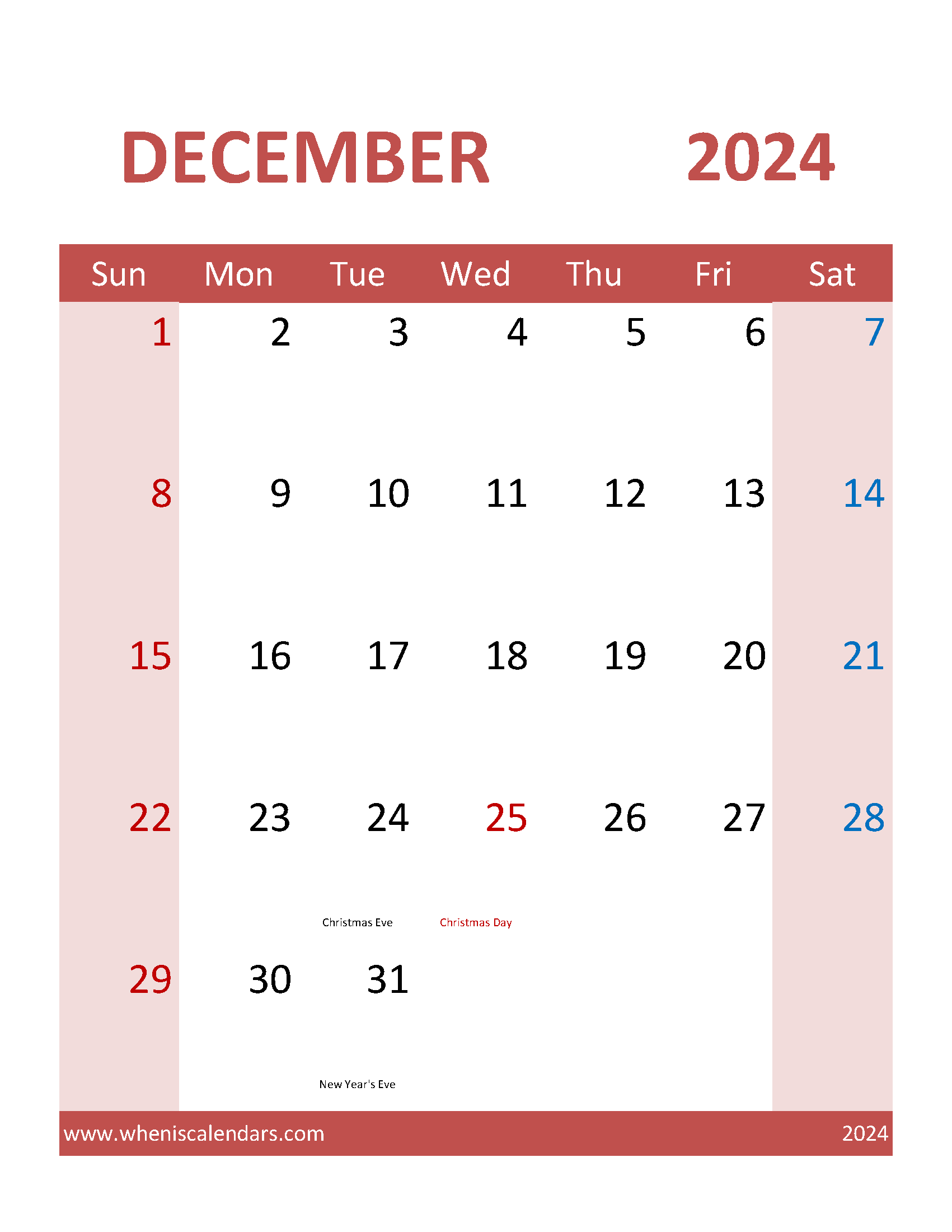 December 2024 Printable Blank Calendar Monthly Calendar
