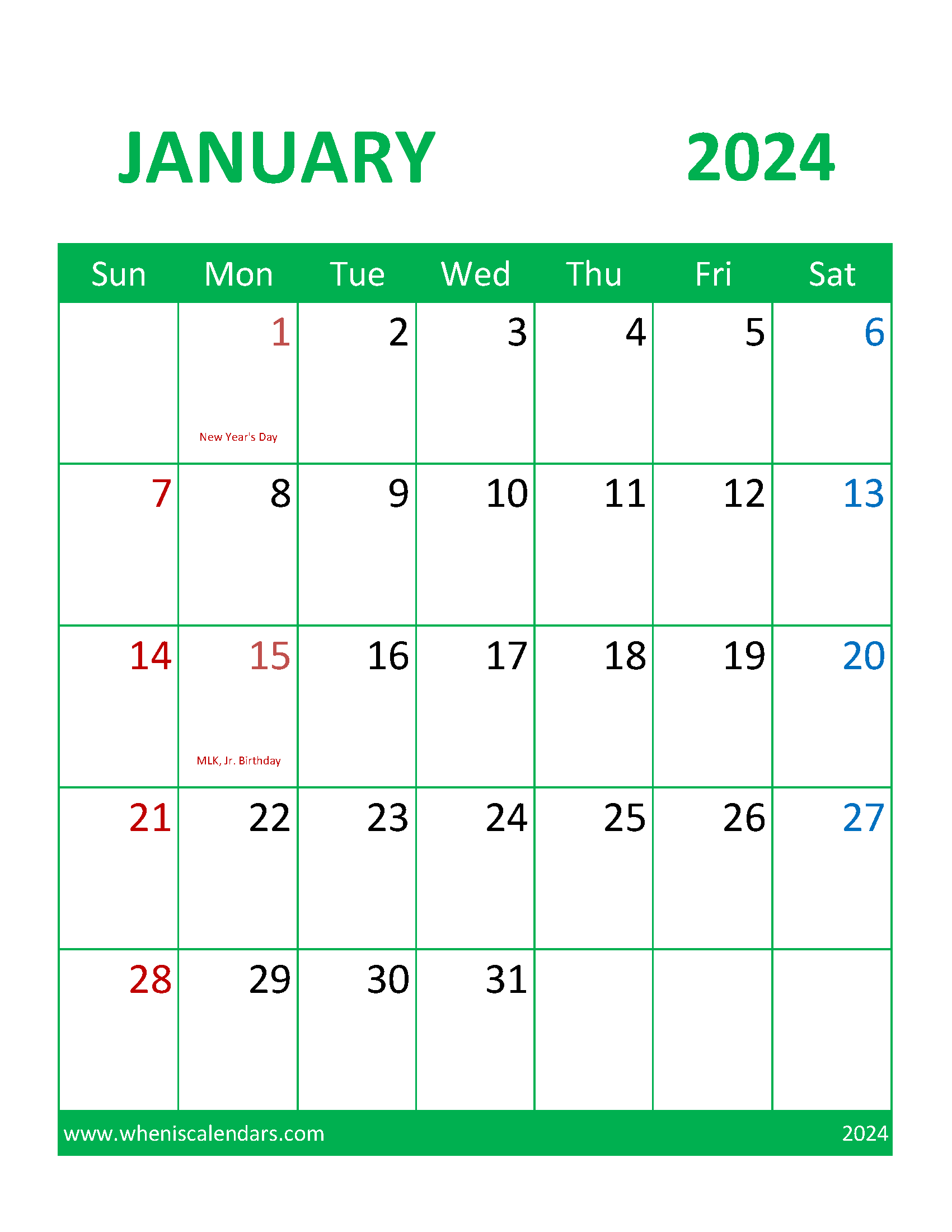 January Blank Printable Calendar 2024 Monthly Calendar