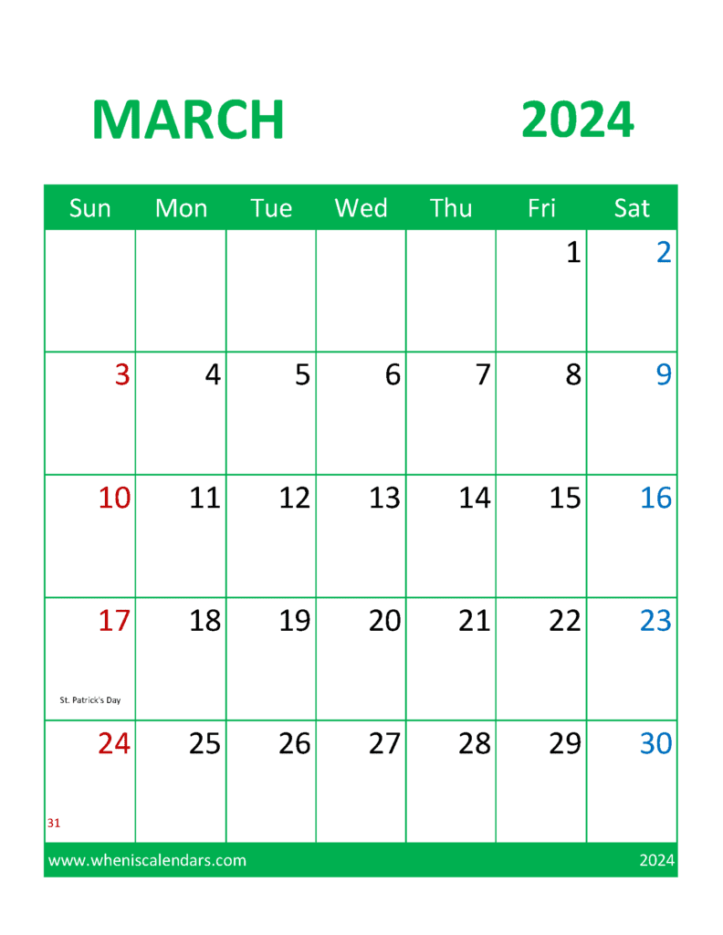 Download March Blank Printable Calendar 2024 Letter Vertical M34386