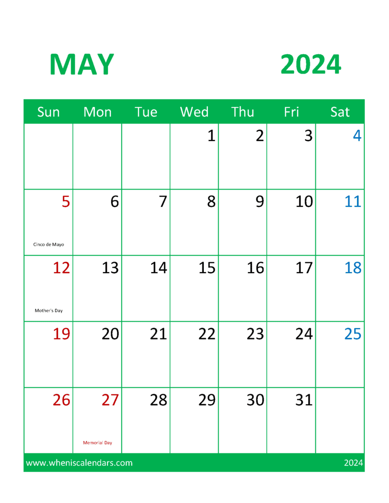 May Blank printable Calendar 2024 M54386