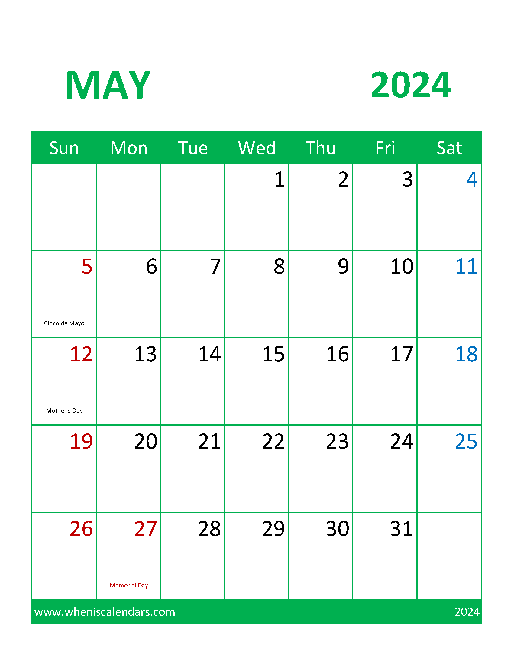 May Blank Printable Calendar 2024 Monthly Calendar