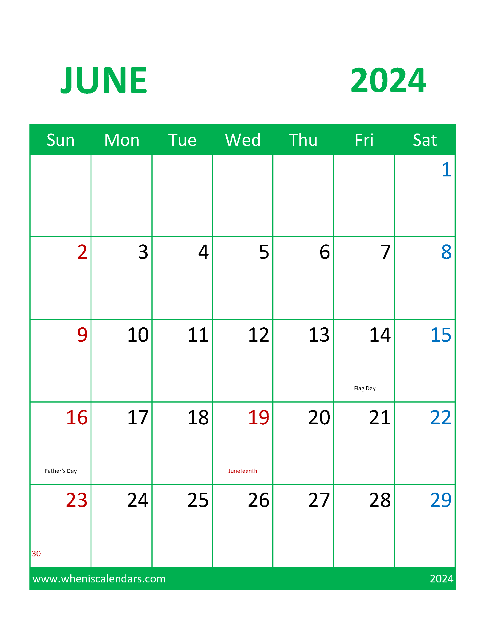 June Blank Printable Calendar 2024 Monthly Calendar