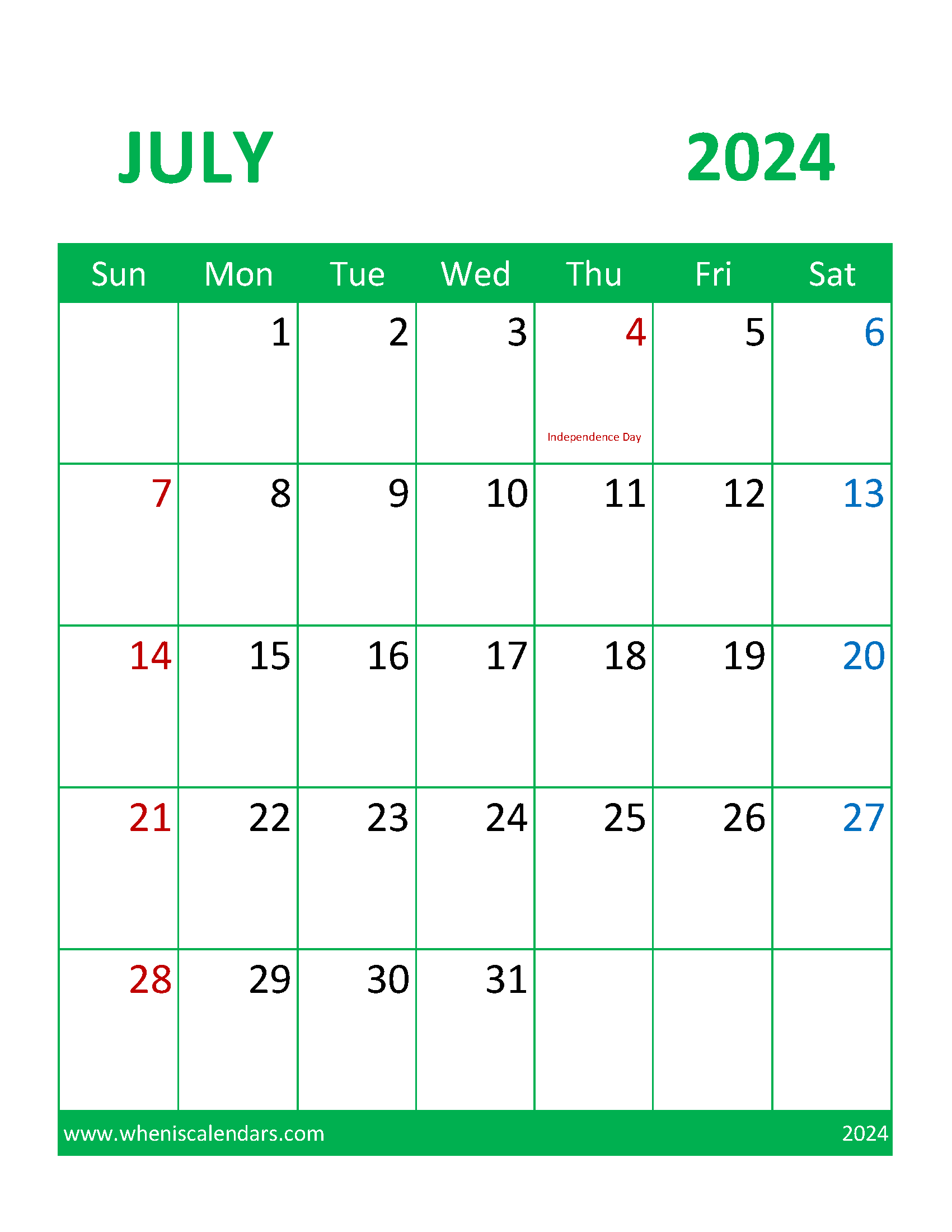 July Blank Printable Calendar 2024 Monthly Calendar