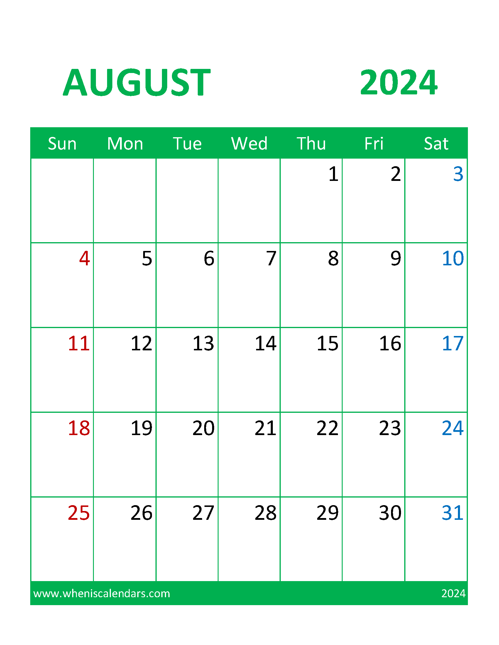 August Blank Printable Calendar 2024 Monthly Calendar