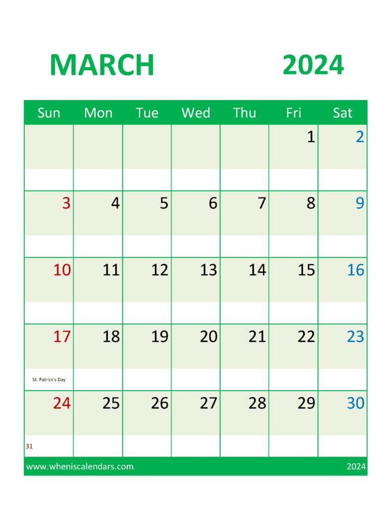 Download March 2024 Calendar Printable Free with Holidays Letter Vertical M34387