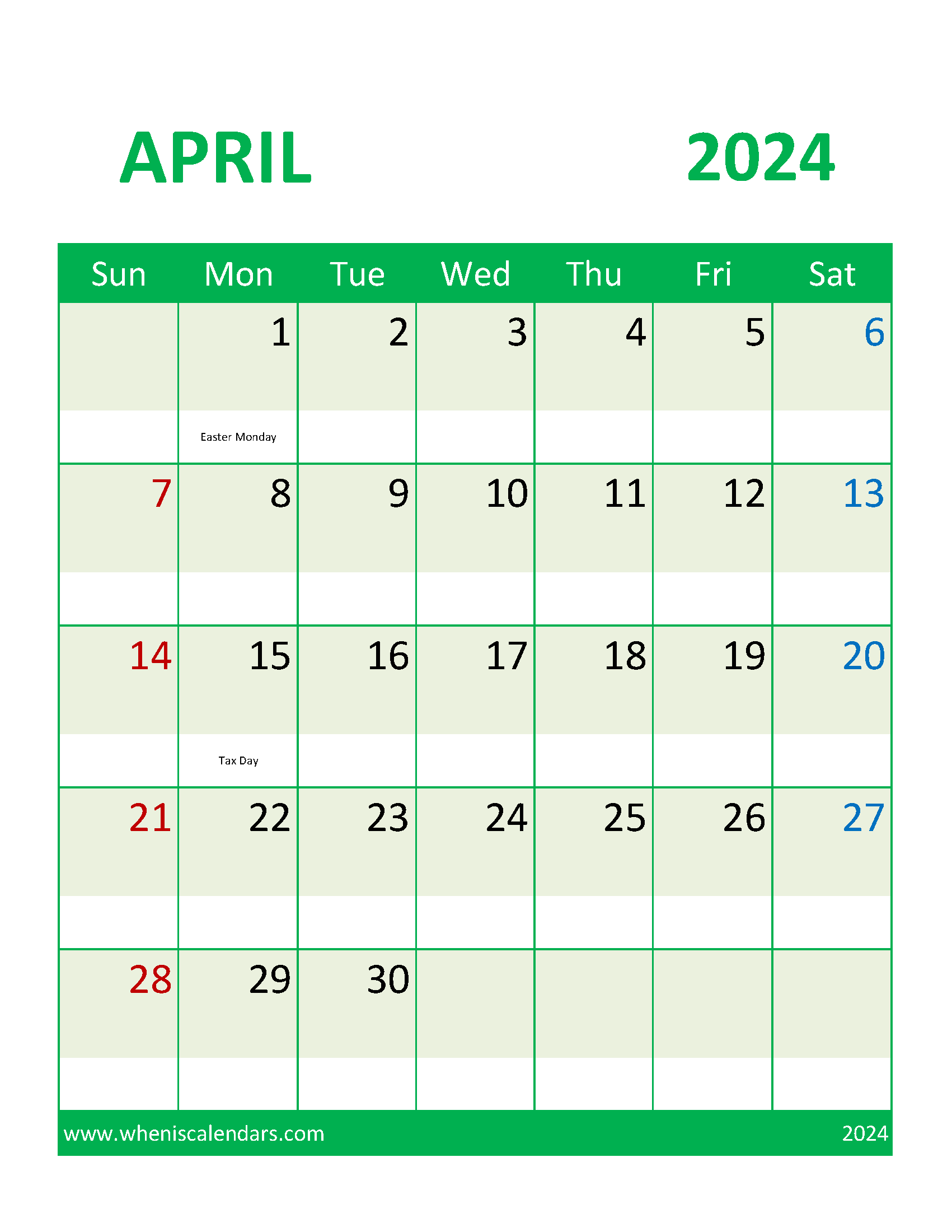 April 2024 Calendar Printable Free with Holidays Monthly Calendar