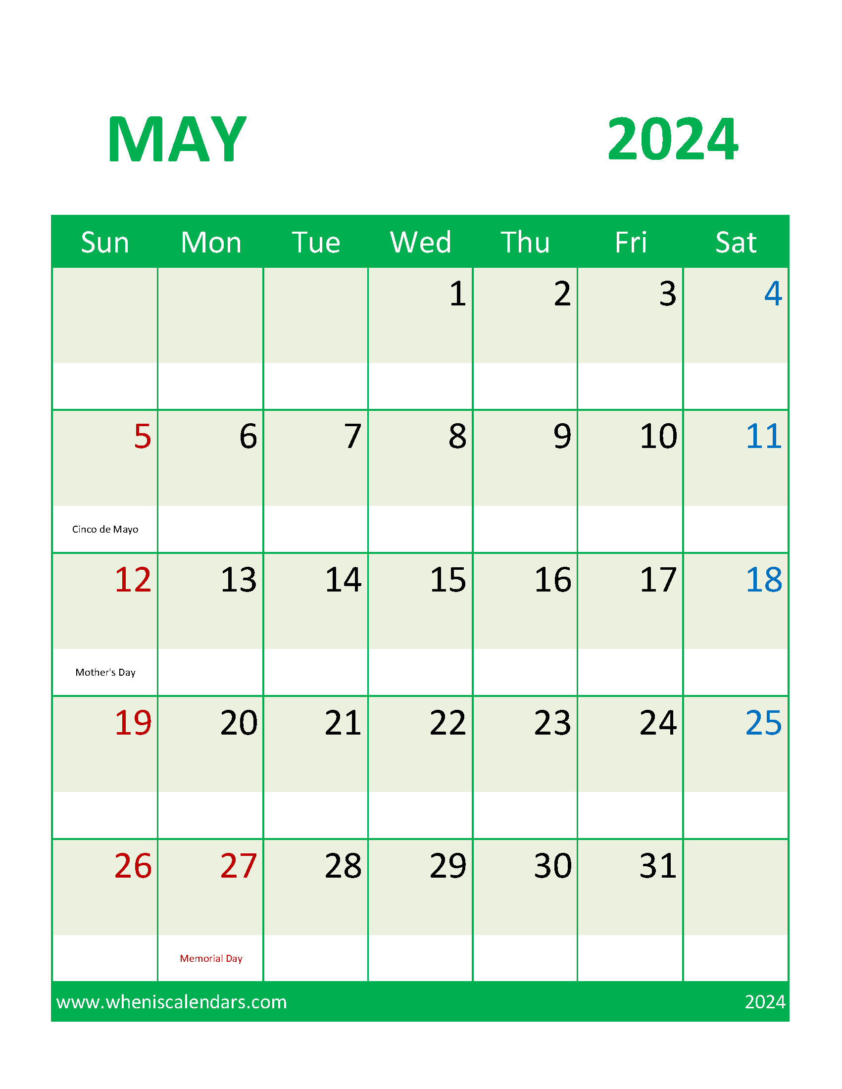 May 2024 Calendar Printable Free with Holidays Monthly Calendar