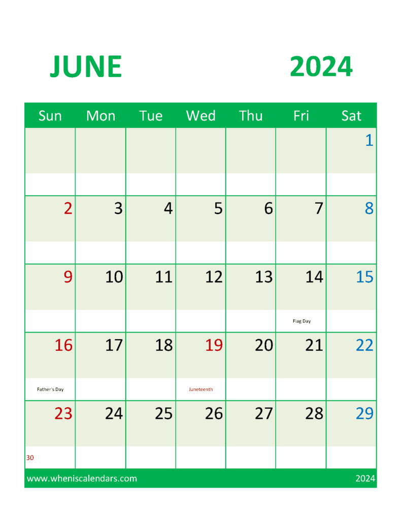 June 2024 Calendar with Holidays Free Printable J64107