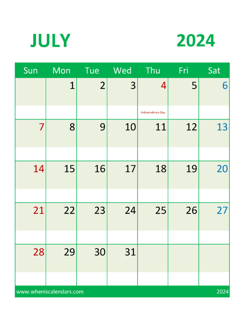 July 2024 Calendar Printable Free with Holidays J74387