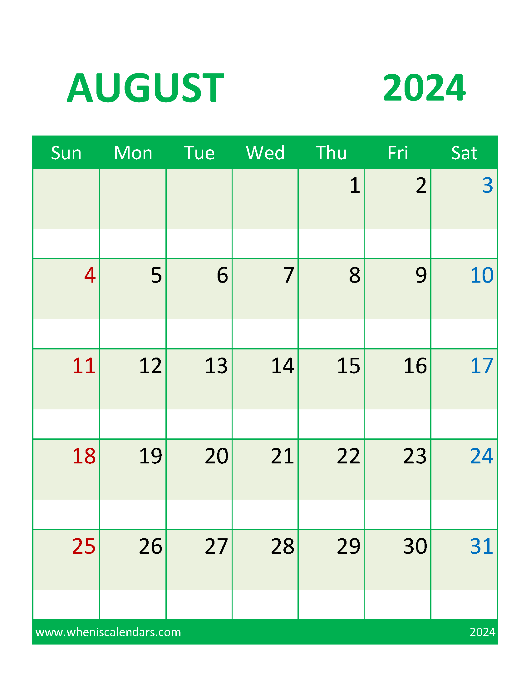 August 2024 Calendar Printable Free with Holidays Monthly Calendar