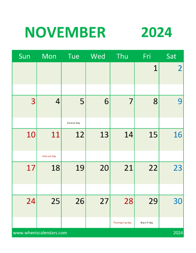 November 2024 Calendar with Holidays Free Printable Monthly Calendar