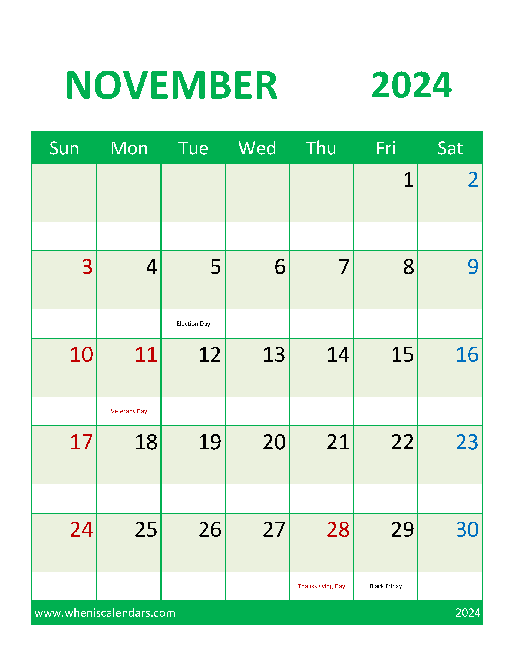 November 2024 Calendar Printable Free with Holidays Monthly Calendar