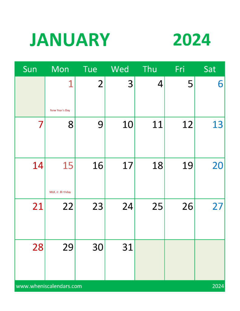 January Template 2024 Monthly Calendar