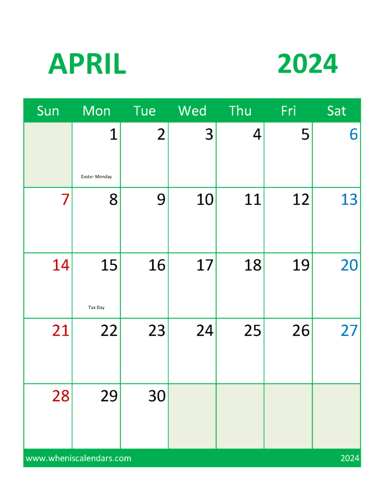 Download free April Calendar 2024 with Holidays printable A4 in Vertical Portrait