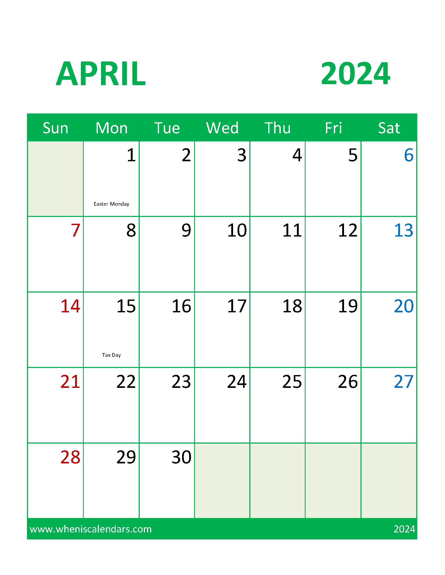 April 2024 Printable Free Monthly Calendar