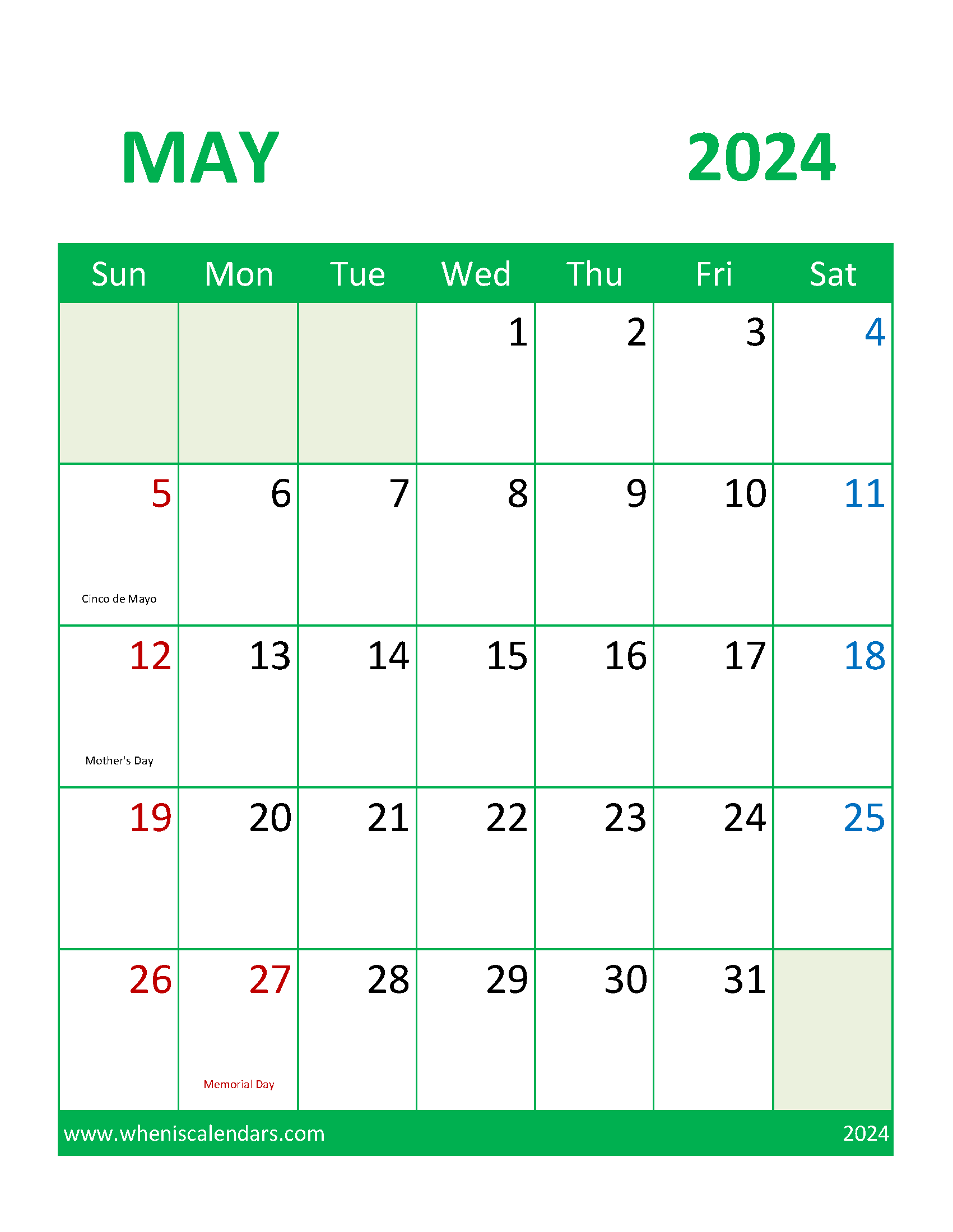 May 2024 Printable Free Monthly Calendar