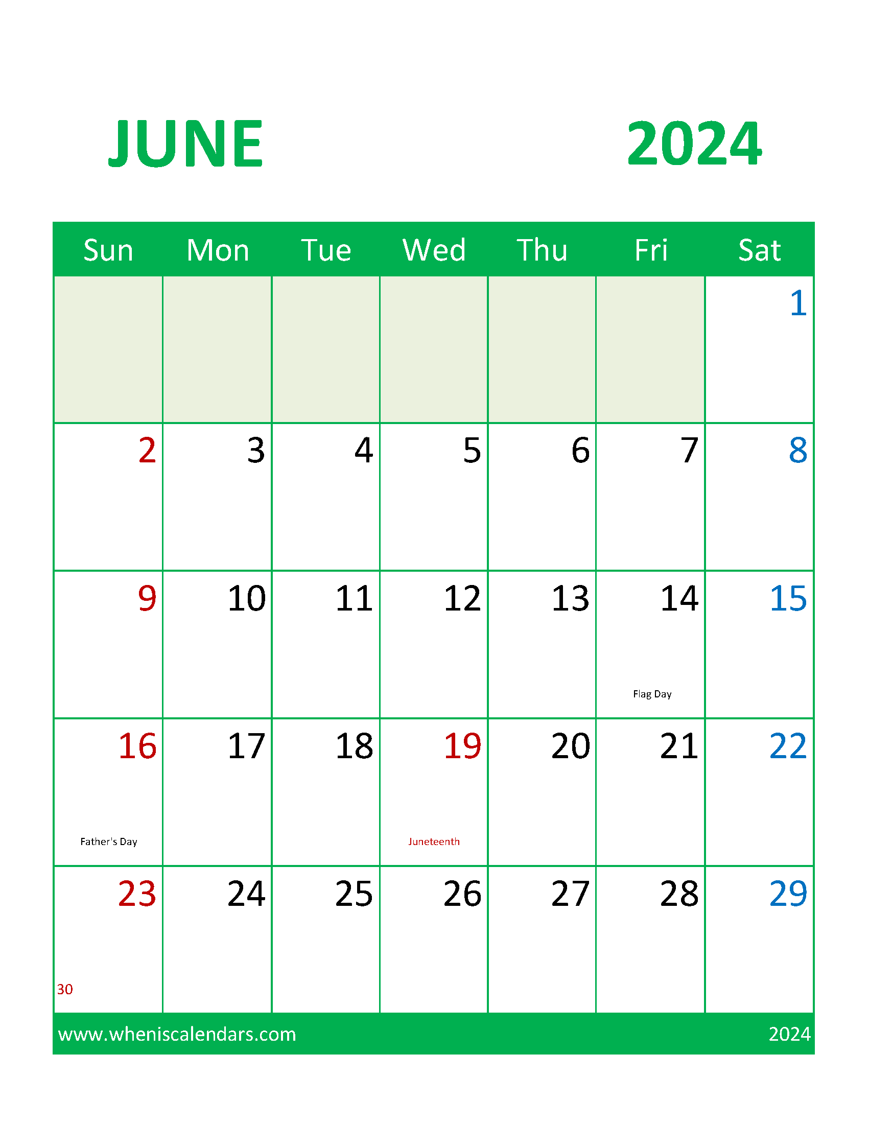 June 2024 Printable Free Monthly Calendar