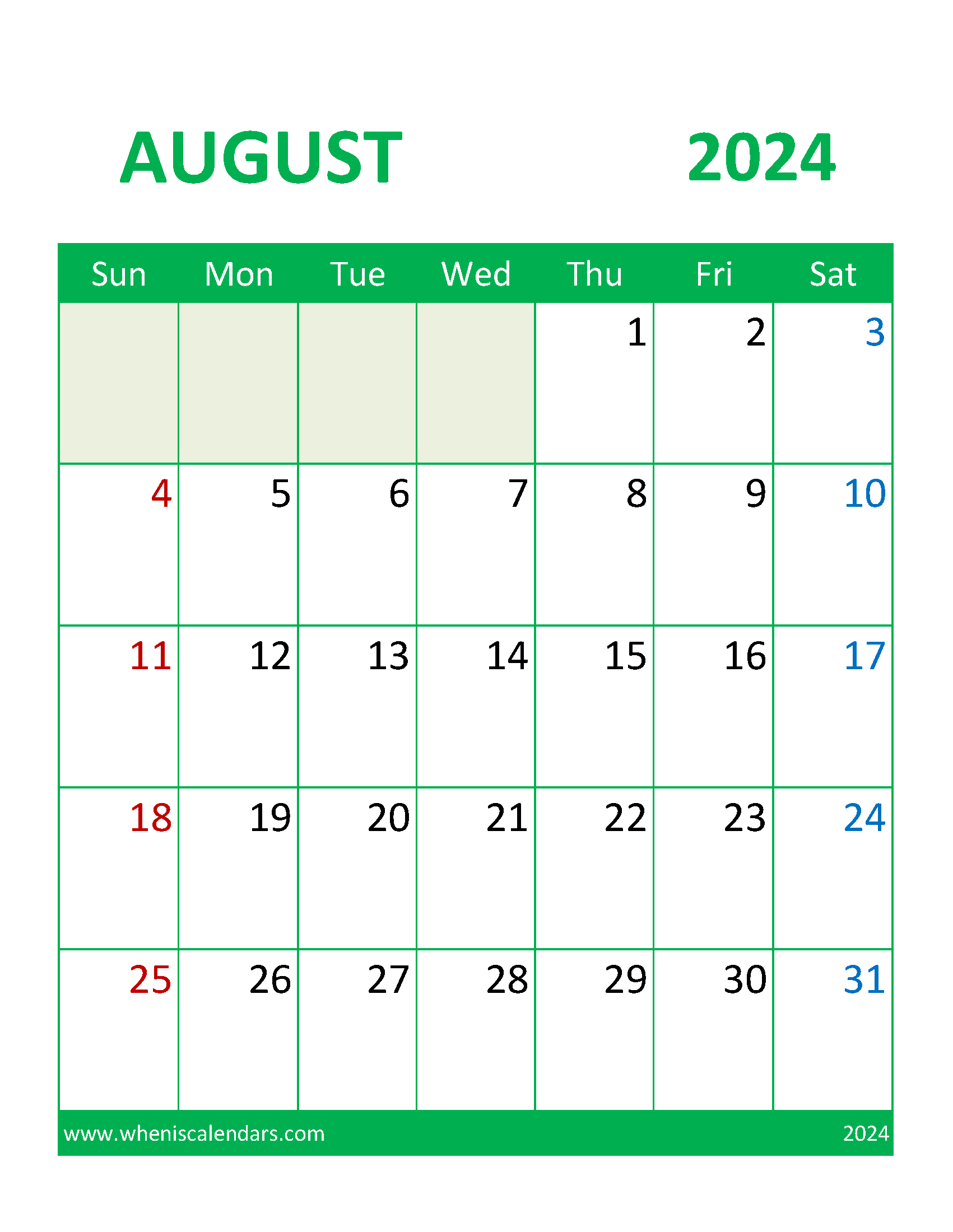 August 2024 Printable Free Monthly Calendar