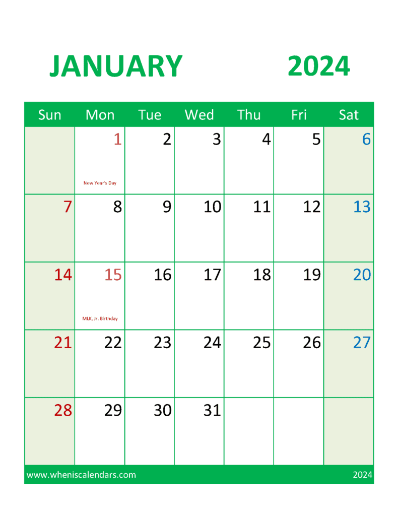 small Printable January 2024 Calendar J14389
