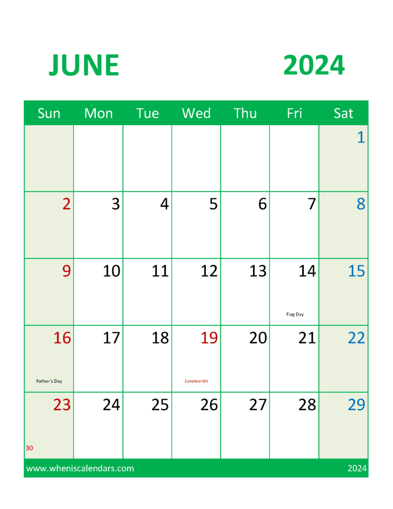 Download small Printable June 2024 Calendar Letter Vertical J64389