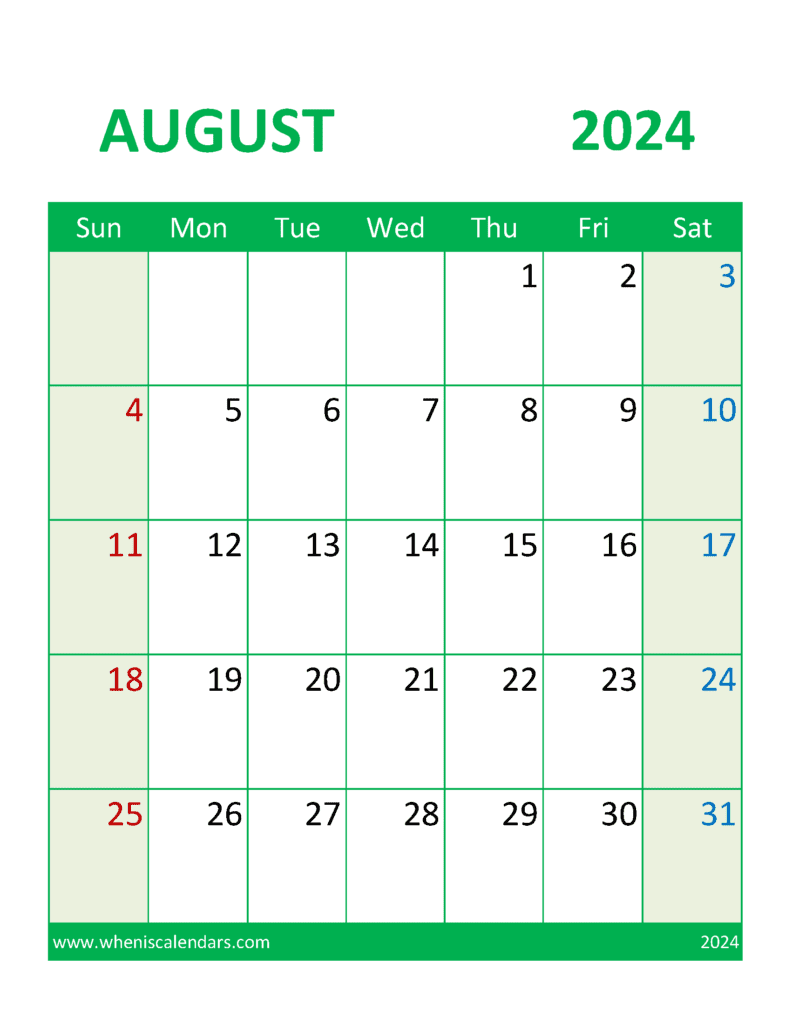 Printable Calendar August 2024 Free Monthly Calendar