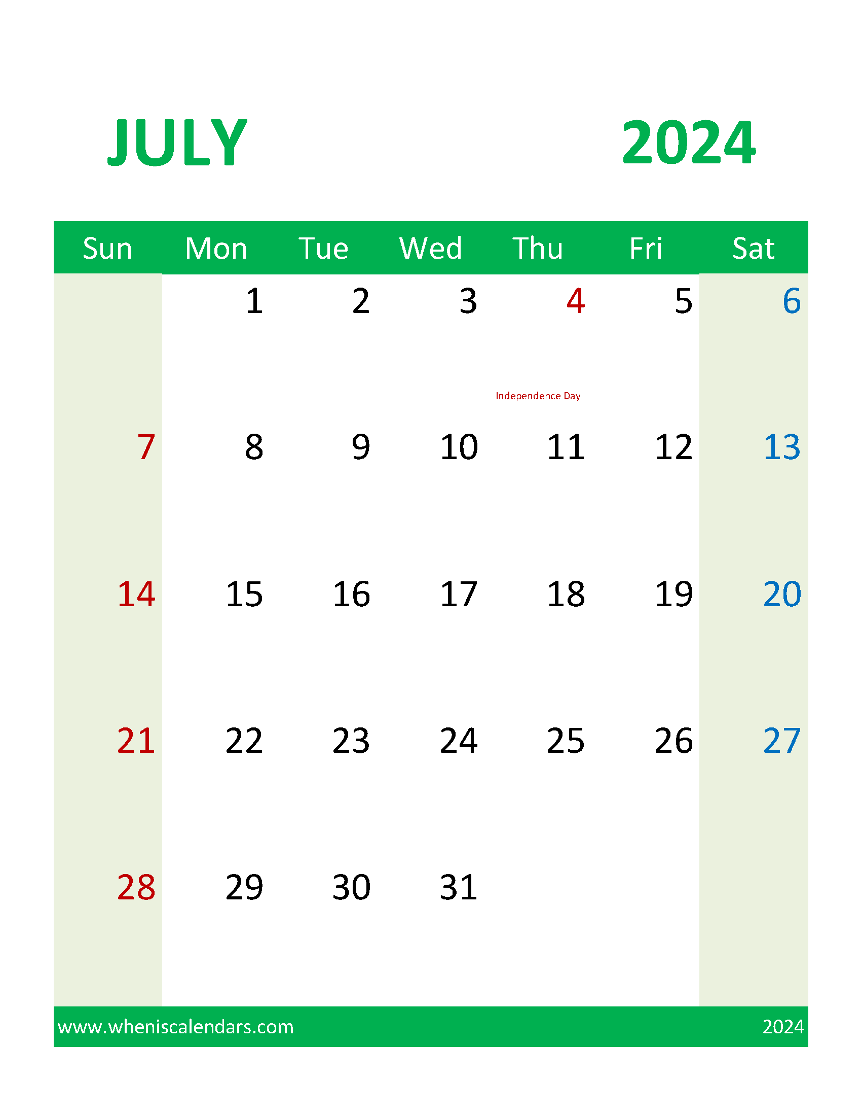 Blank Printable Calendar 2024 July Monthly Calendar