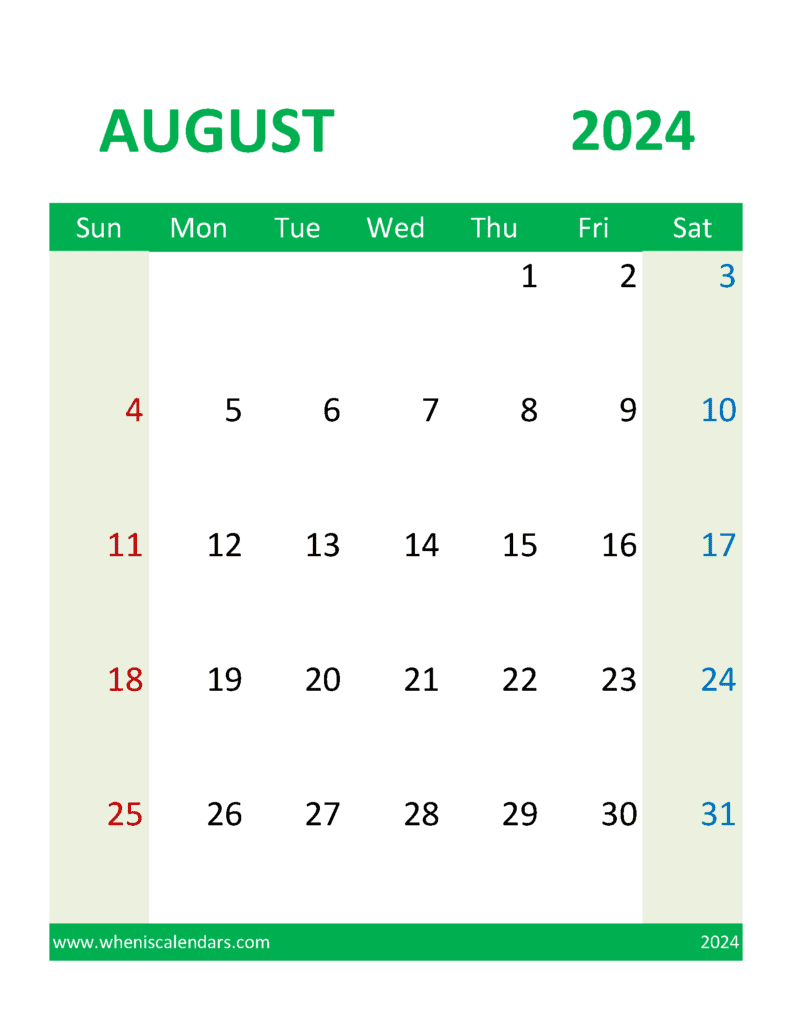 Blank Printable Calendar 2024 August Monthly Calendar