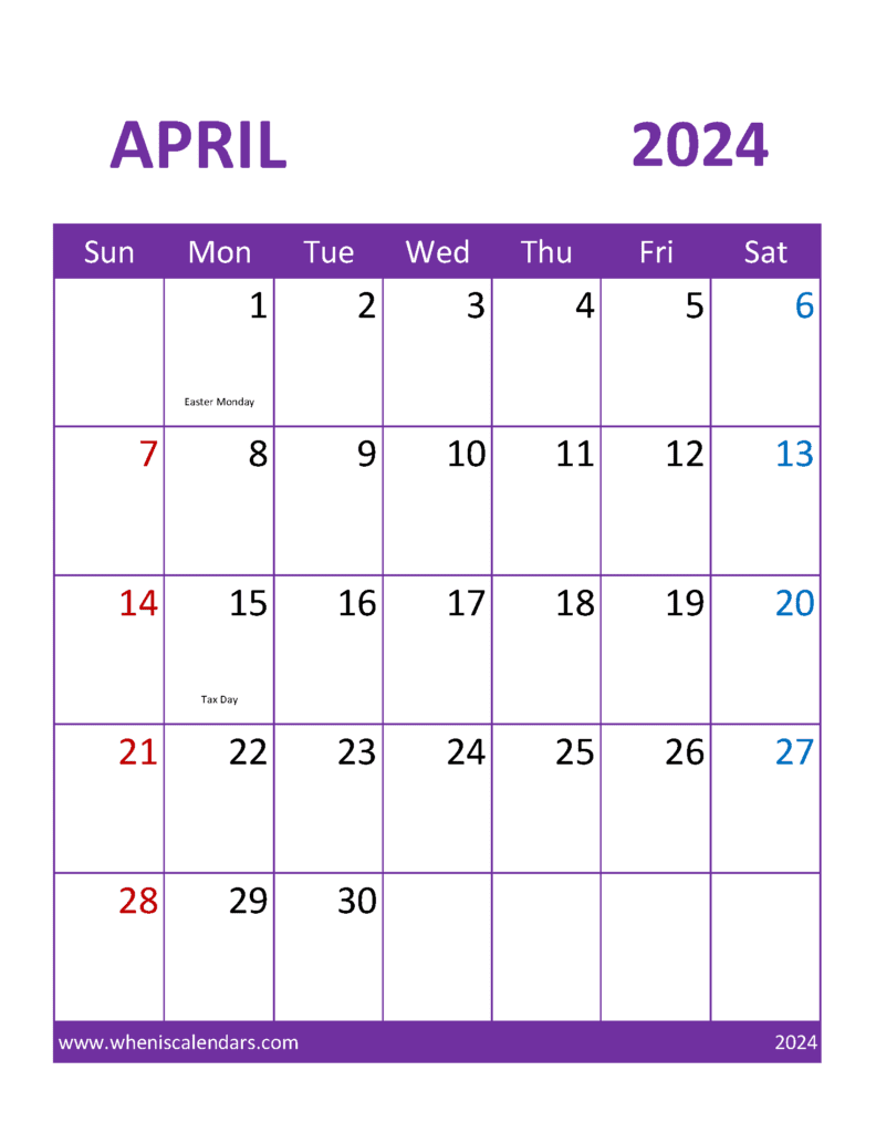 April 2024 Calendar editable word Monthly Calendar