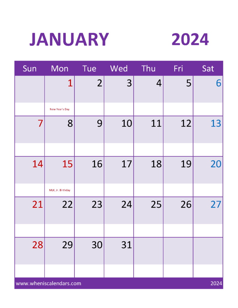 Download 2024 January monthly Calendar Printable Letter Vertical J4392