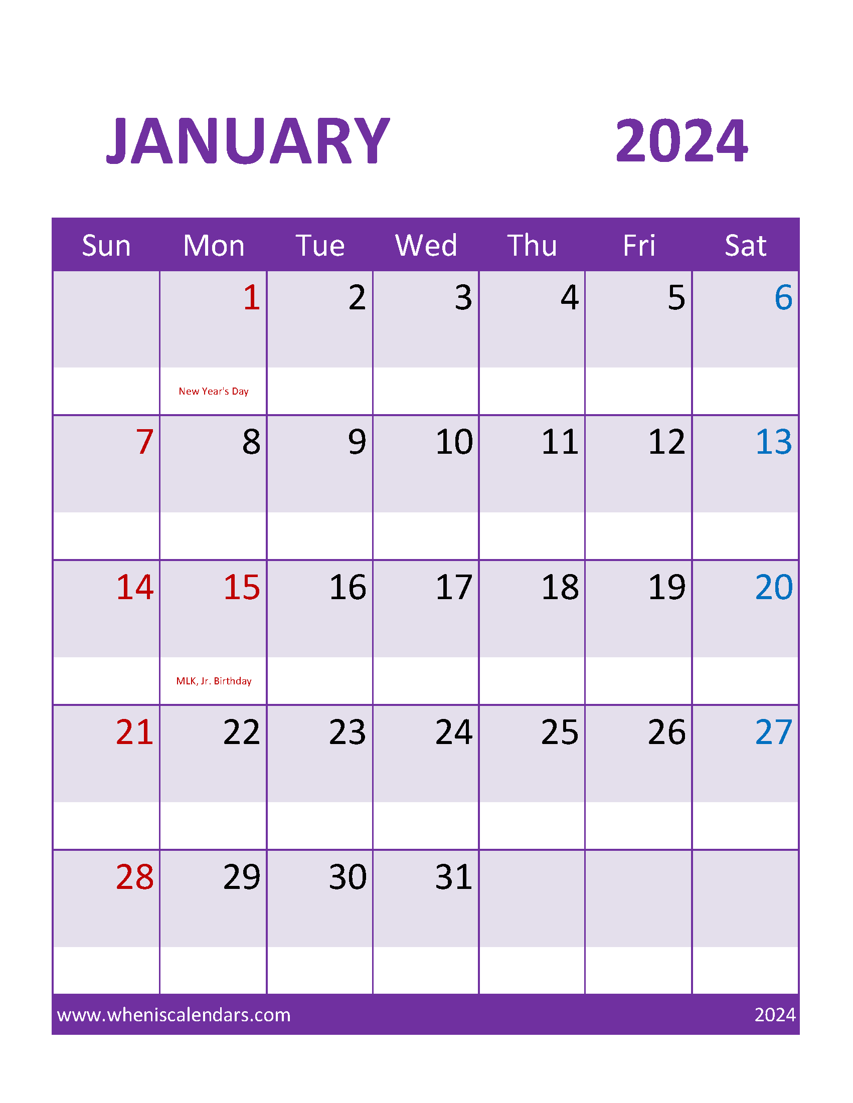 2024 January monthly Calendar Printable Monthly Calendar