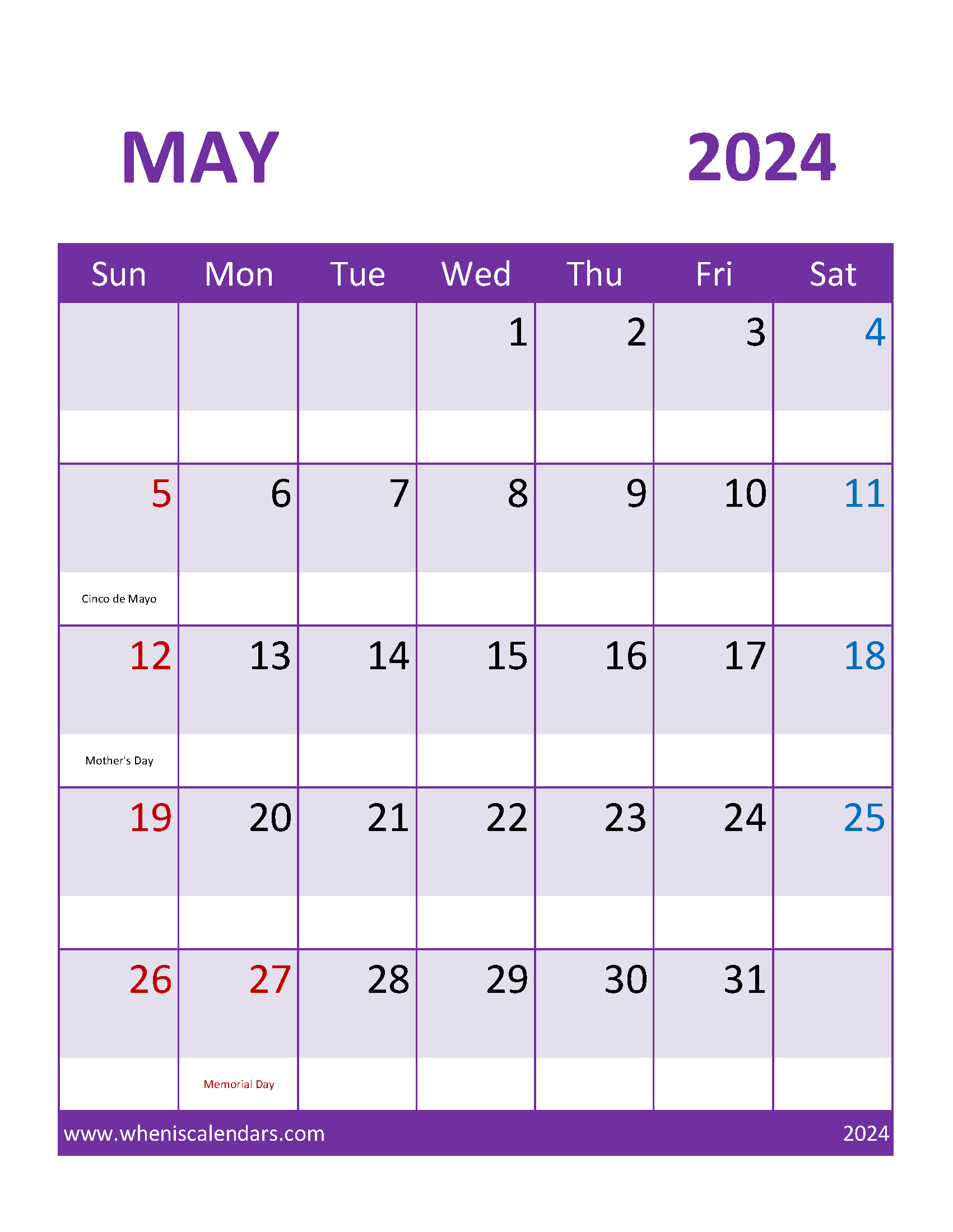 2024 May monthly Calendar Printable Monthly Calendar