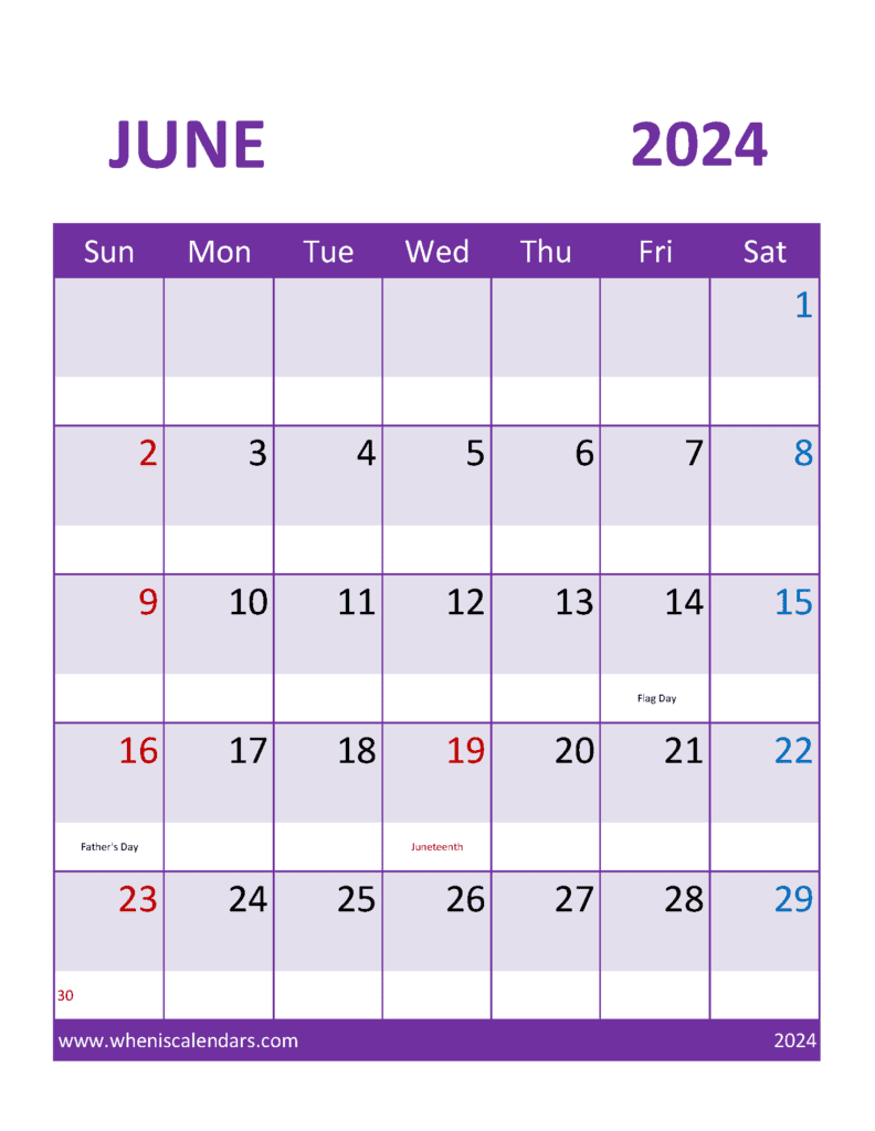 Download 2024 June monthly Calendar Printable Letter Vertical J64392