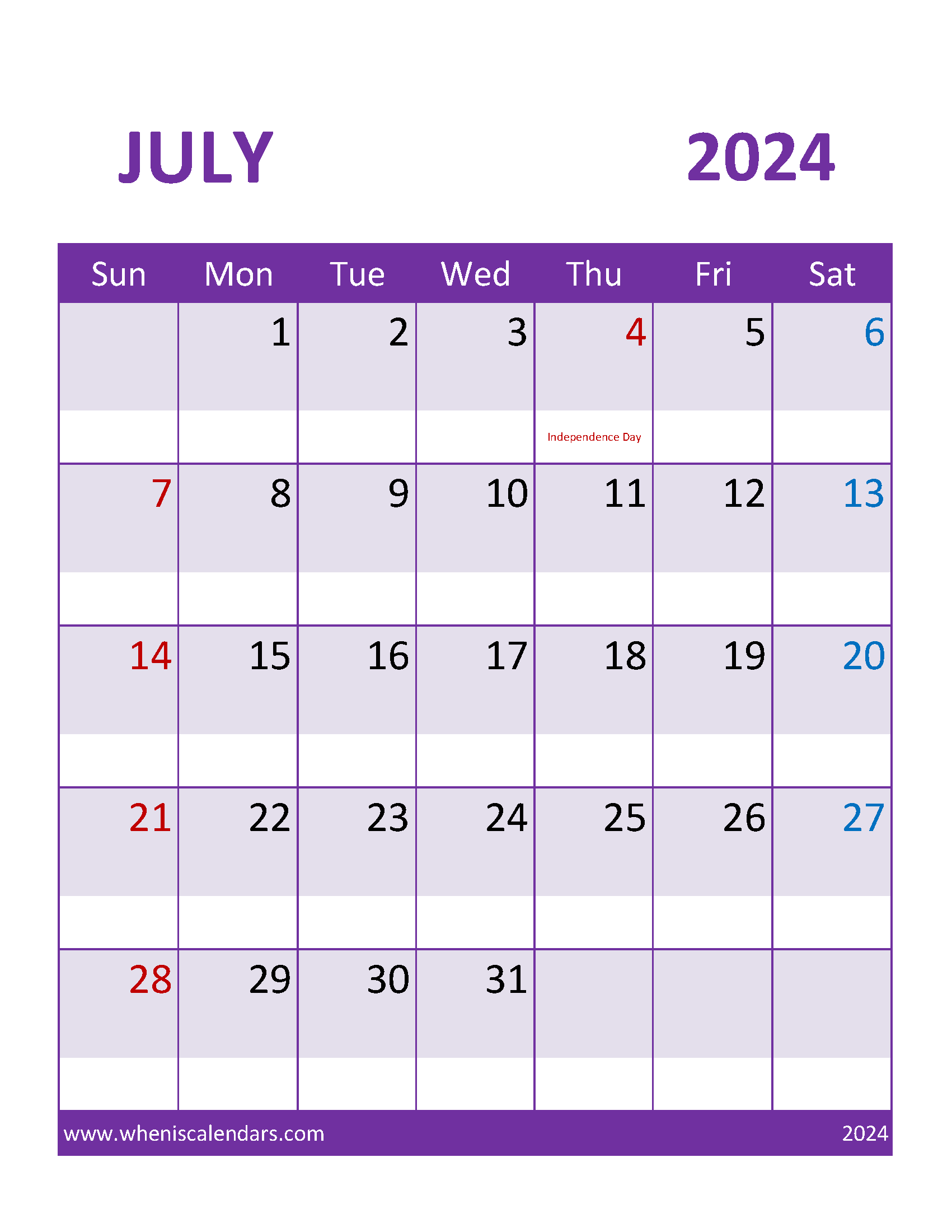 2024 July monthly Calendar Printable Monthly Calendar