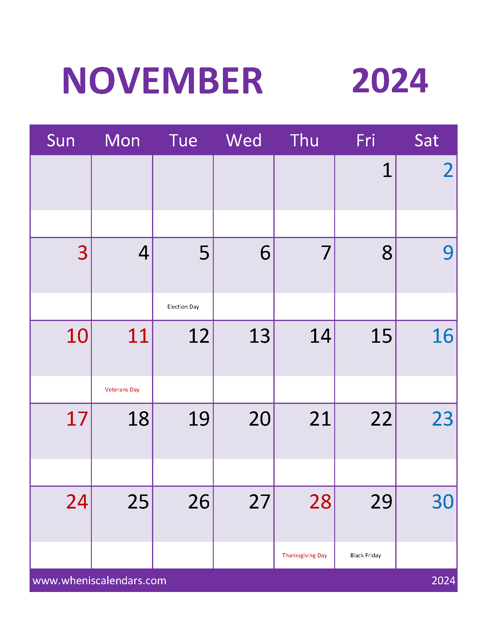 2024 November monthly Calendar Printable Monthly Calendar