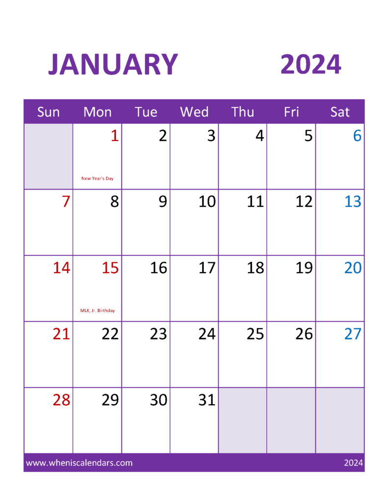 Printable weekly Calendar January 2024 J14393