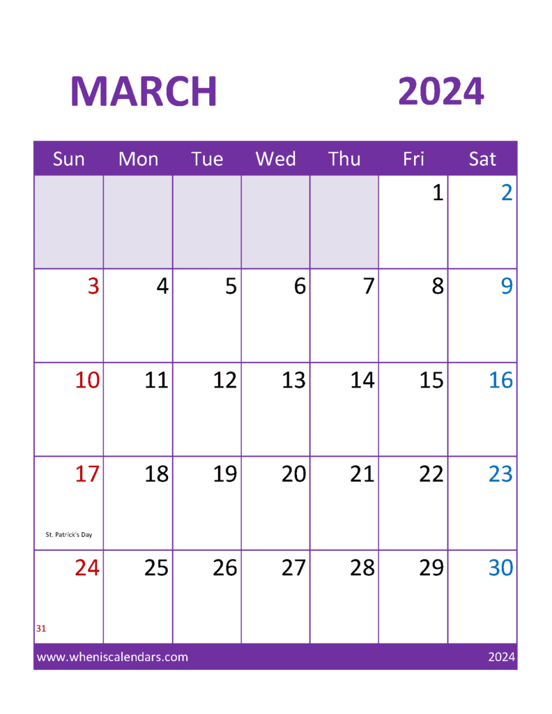 Printable weekly Calendar March 2024 M34393