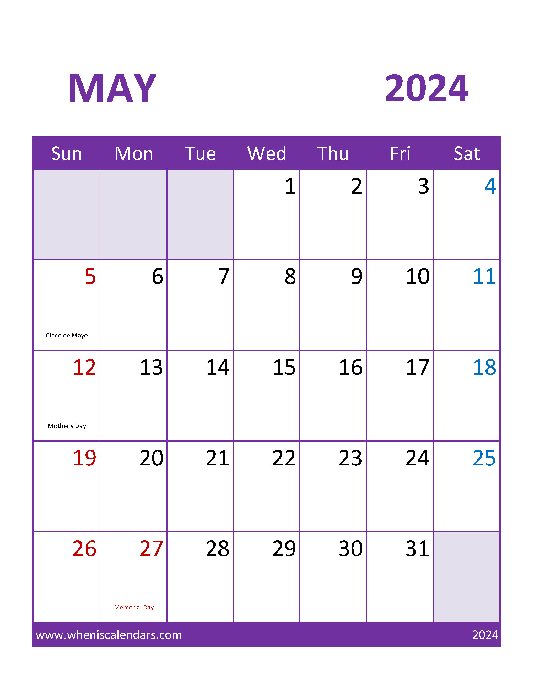Printable weekly Calendar May 2024 Monthly Calendar