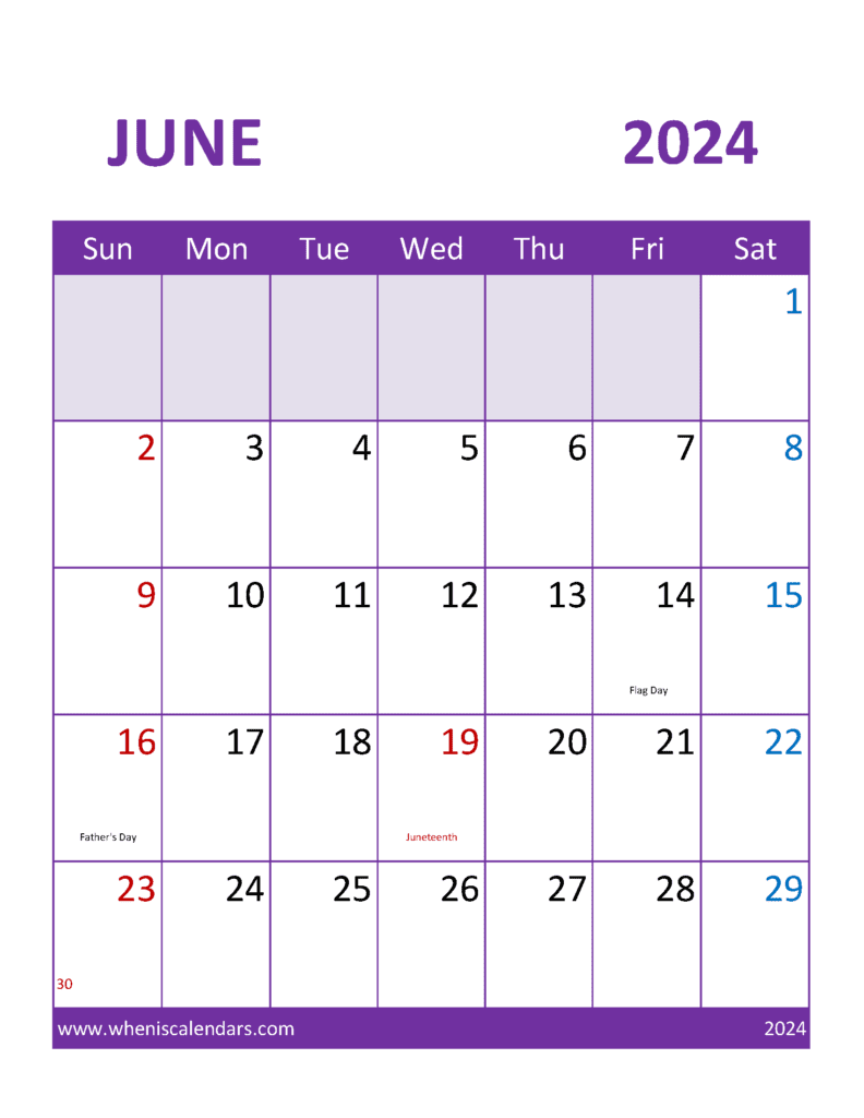 Free June 2024 Calendar Template J64113