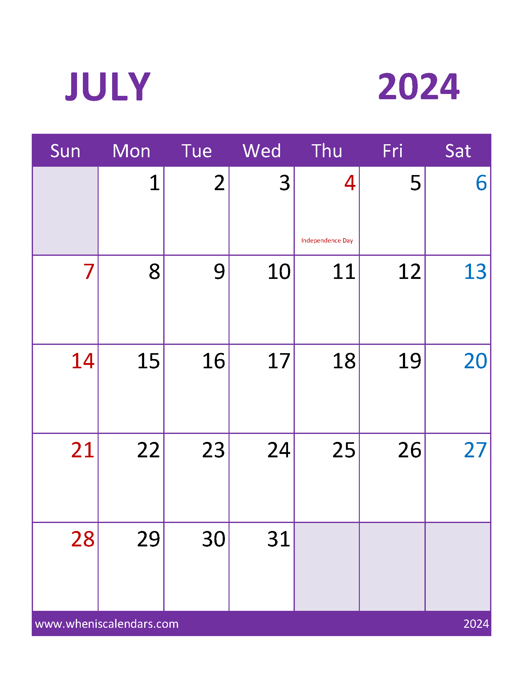 Printable weekly Calendar July 2024 Monthly Calendar