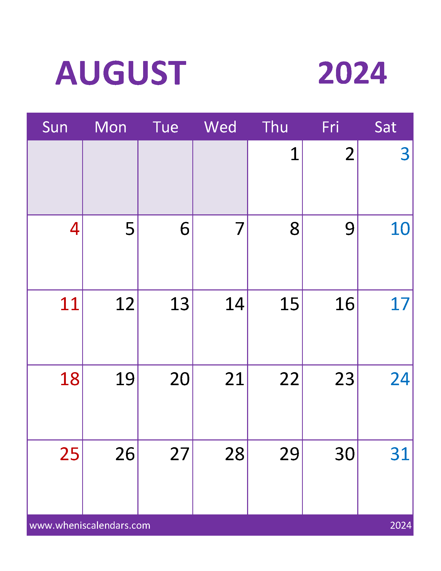 Printable weekly Calendar August 2024 Monthly Calendar