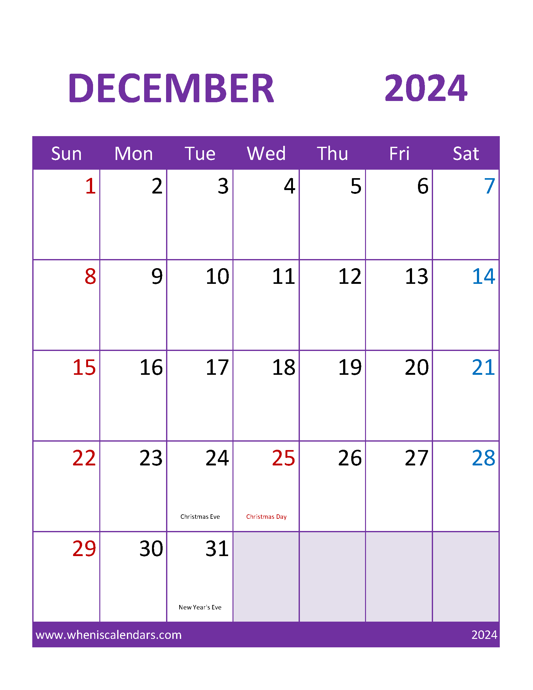 Printable weekly Calendar December 2024 Monthly Calendar