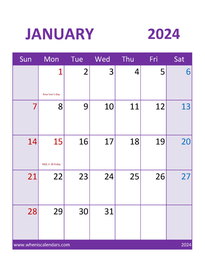 January 2024 Calendar vertical Printable Monthly Calendar