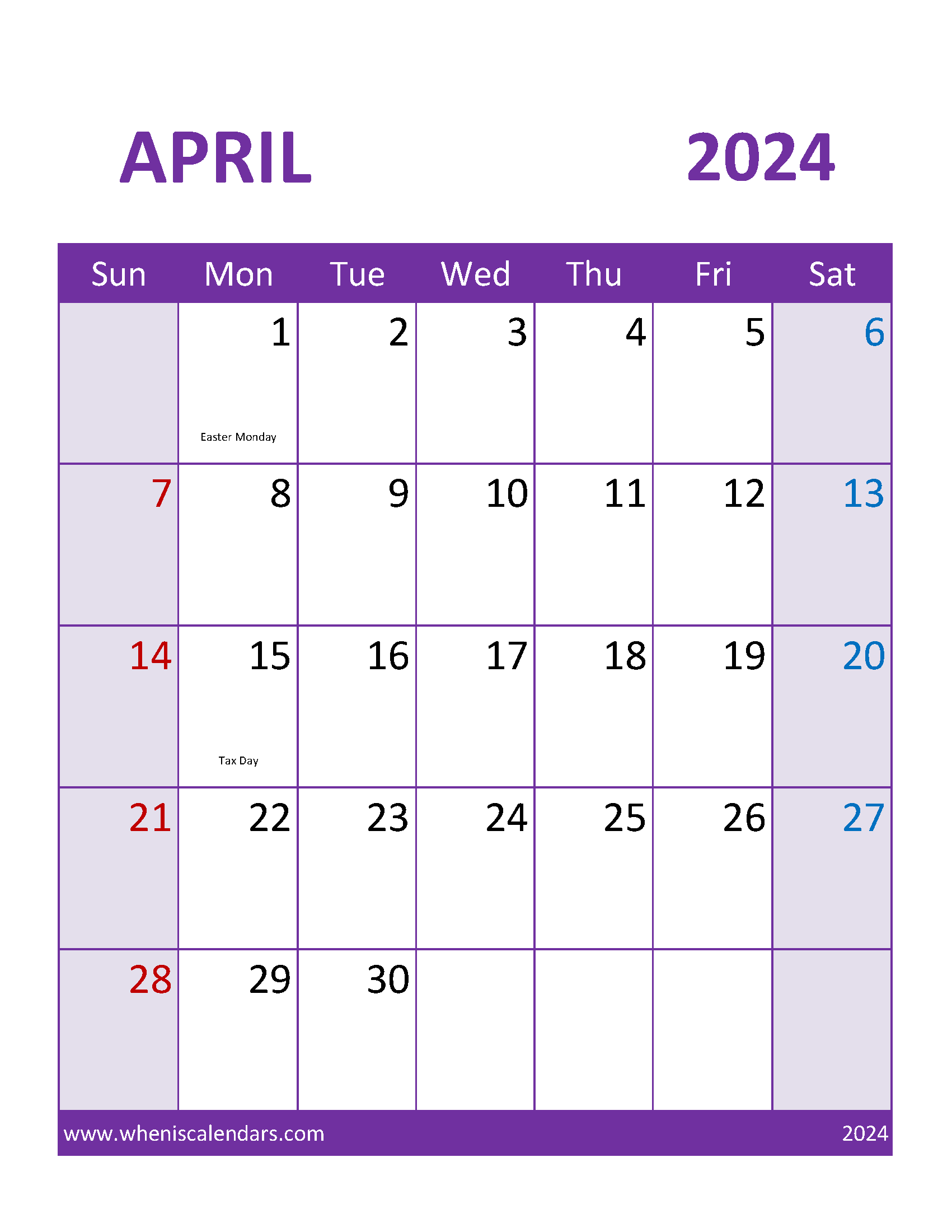 April 2024 Calendar vertical Printable Monthly Calendar