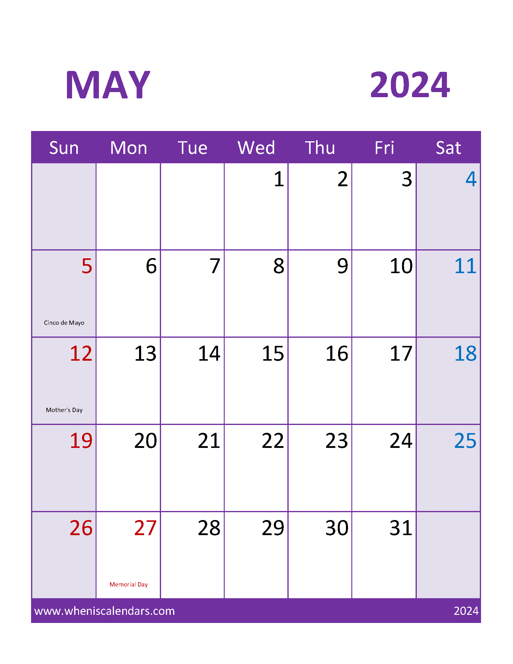 May 2024 Calendar vertical Printable Monthly Calendar