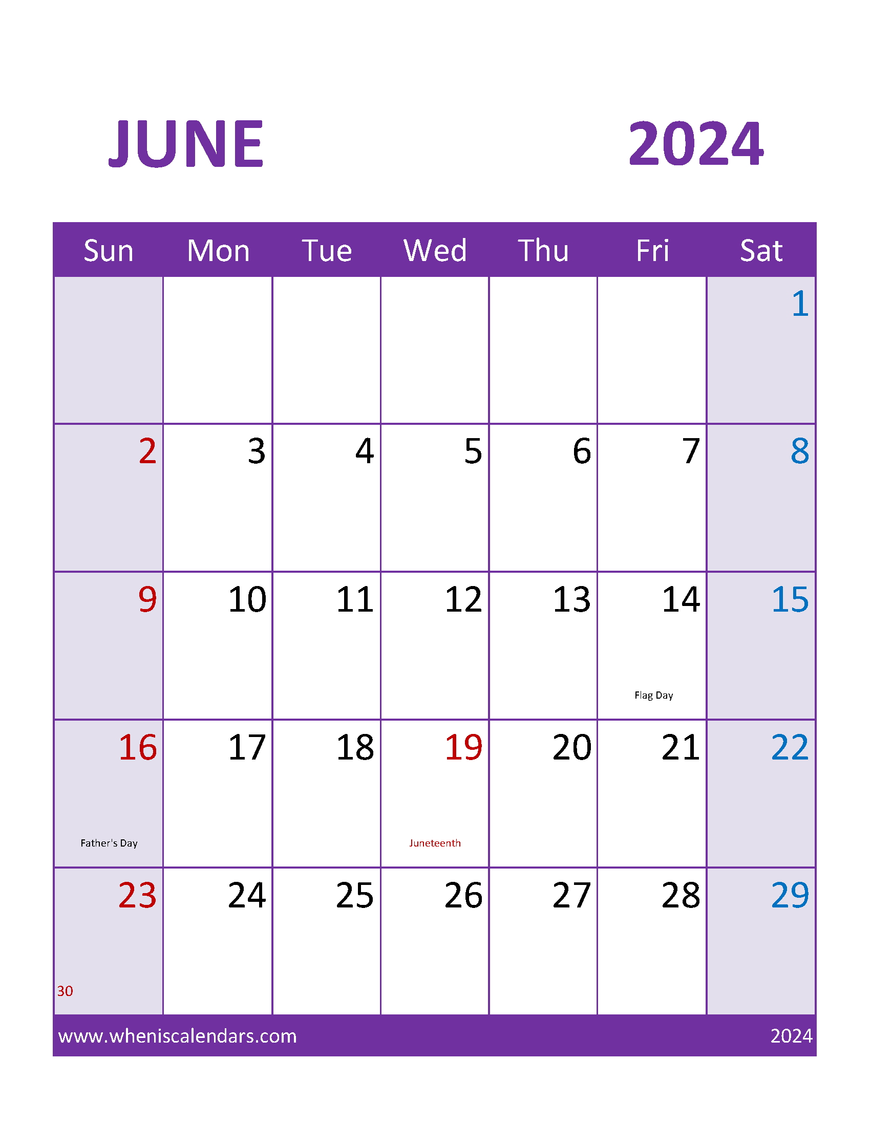 June 2024 Calendar vertical Printable Monthly Calendar