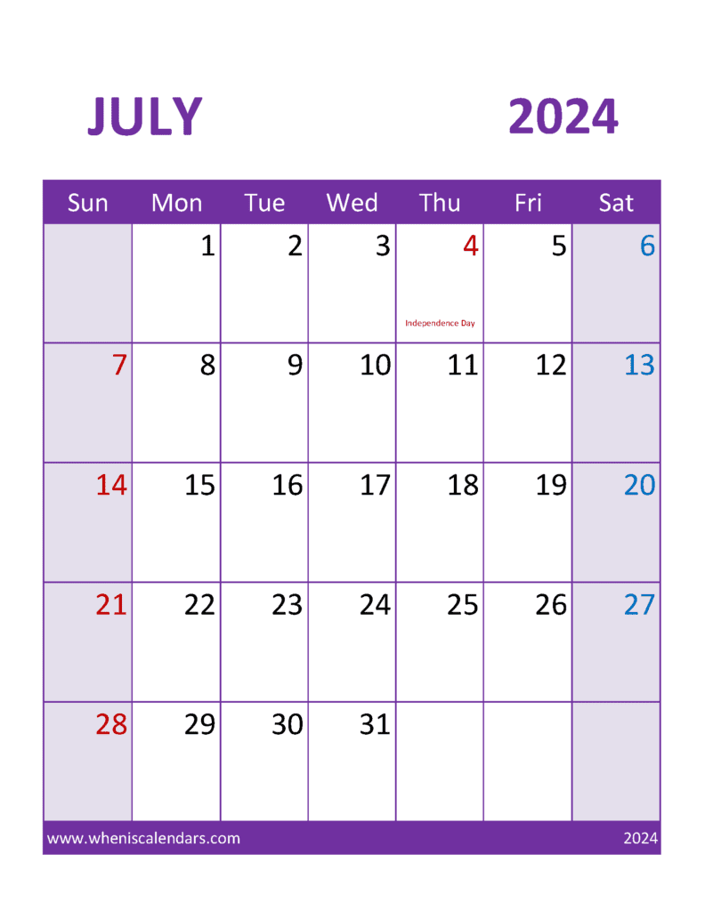 Download free July Calendar 2024 with Holidays printable A4 in Vertical Portrait